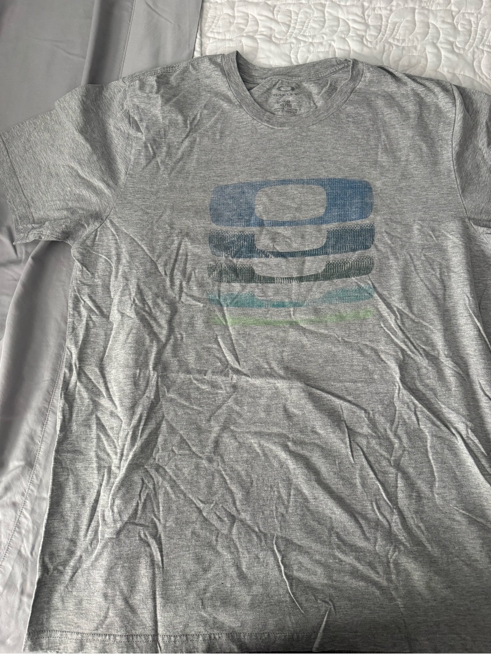 Oakley Gray Short Sleeve Tee with Blue & Green Graphic